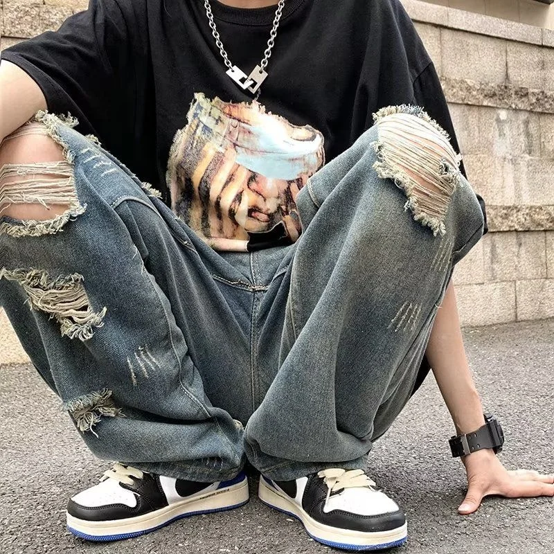 Summer Blue Ripped Jeans Men's Fashion Casual Baggy Straight Jeans Men Streetwear Hip Hop Loose Hole Denim Pants Mens Trousers