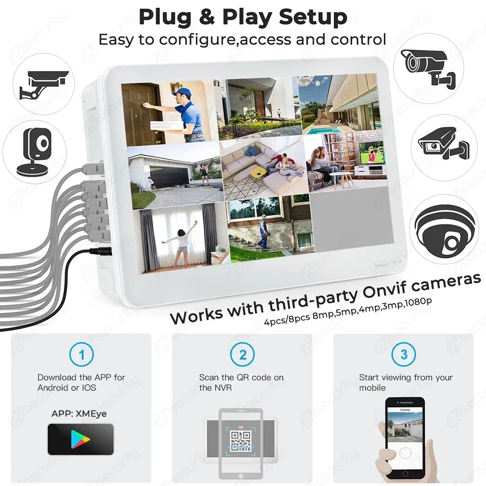 4K 8CH PoE NVR с 12-дюймовым монитором Сетевой видеорегистратор 8MP Onvif POE для домашней