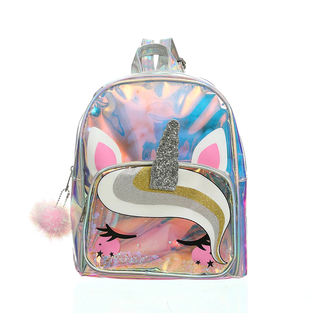 Unicorn Children Schoolbag  Silver Laser Pu Jelly Bag Waterproof Small Backpack For  Girls With Pom Pom Cartoon Cute  Kids  Bag