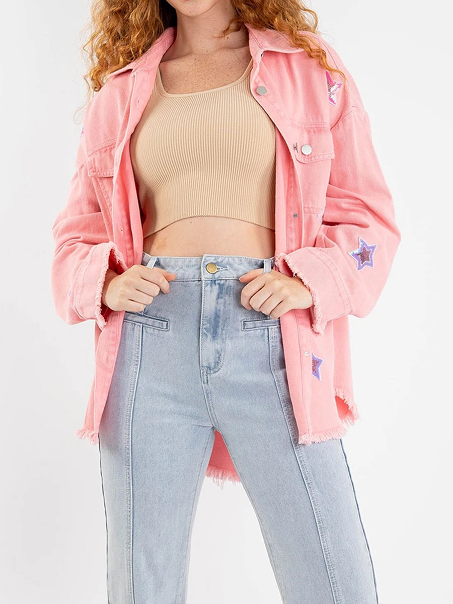 

ZZLBUF Women Oversized Distressed Denim Jacket with Rhinestone Embellishments and Fringed Hemline for a Casual Streetwear Look