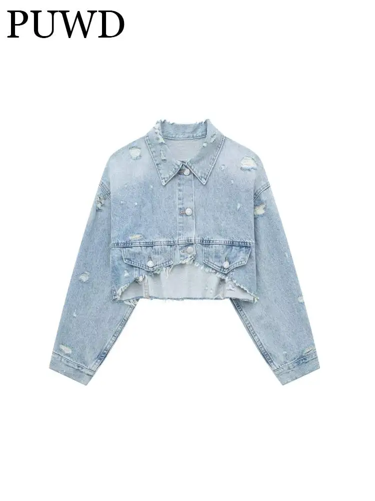 

PUWD Women Fashion With Pockets Denim Coat 2023 Summer Vintage Shirt Collar Front Button Female Outerwears Chic Tops