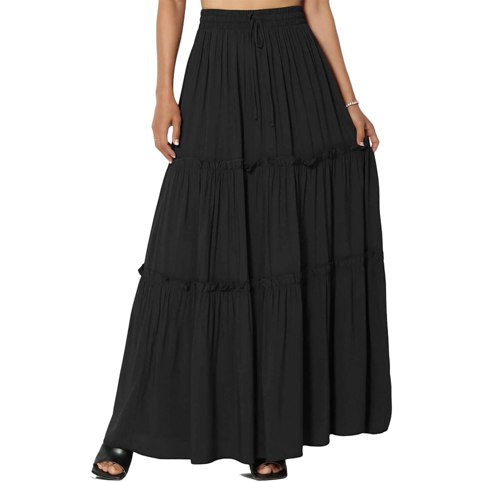 

Women Casual Pull On Elastic Ruffle Tiered Solid Simple Dating Spring Summer Daily Maxi Skirt With Drawstring Polyester A Line