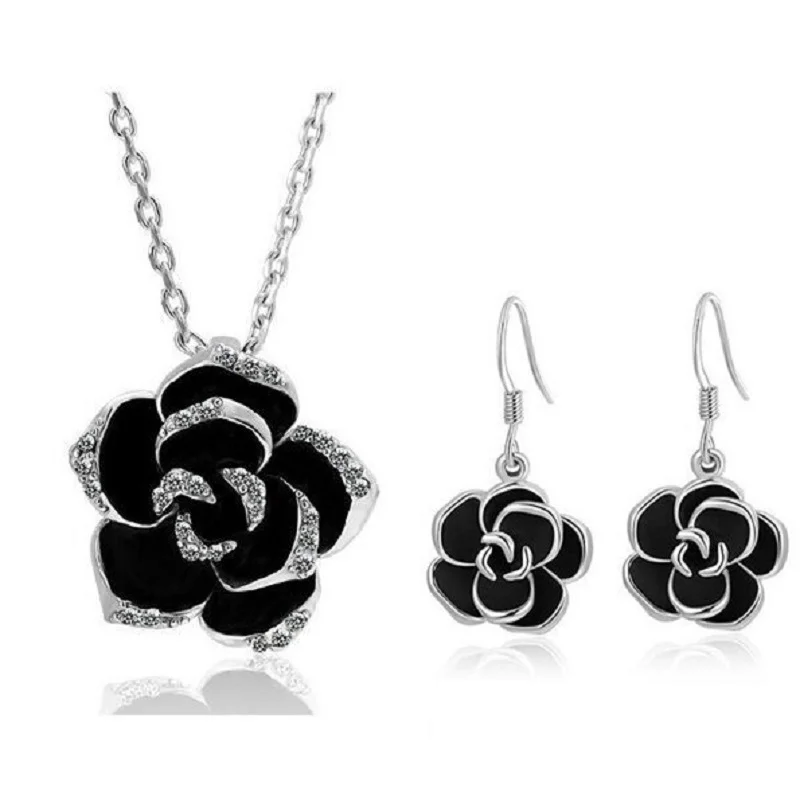 Модный набор ювелирных украшений с эмалью в виде Розы розового золота черного