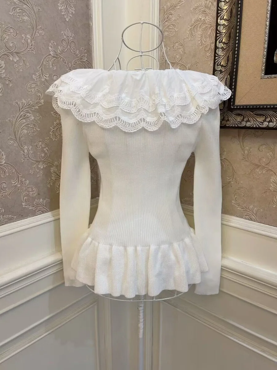 Кружевной свитер принцессы с бантом и вышивкой кружевной рог длинными рукавами