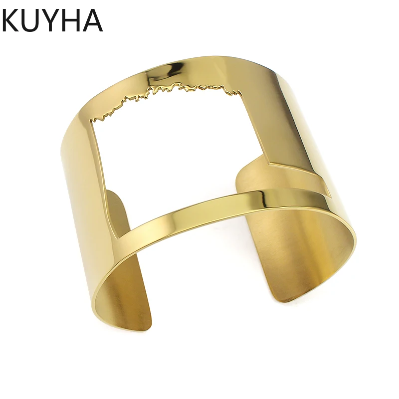 

Big Hollow Wide Cuff men bracelet sliver and gold adjusted bangle 46mm open cuff stainless steel jewelry for gift women