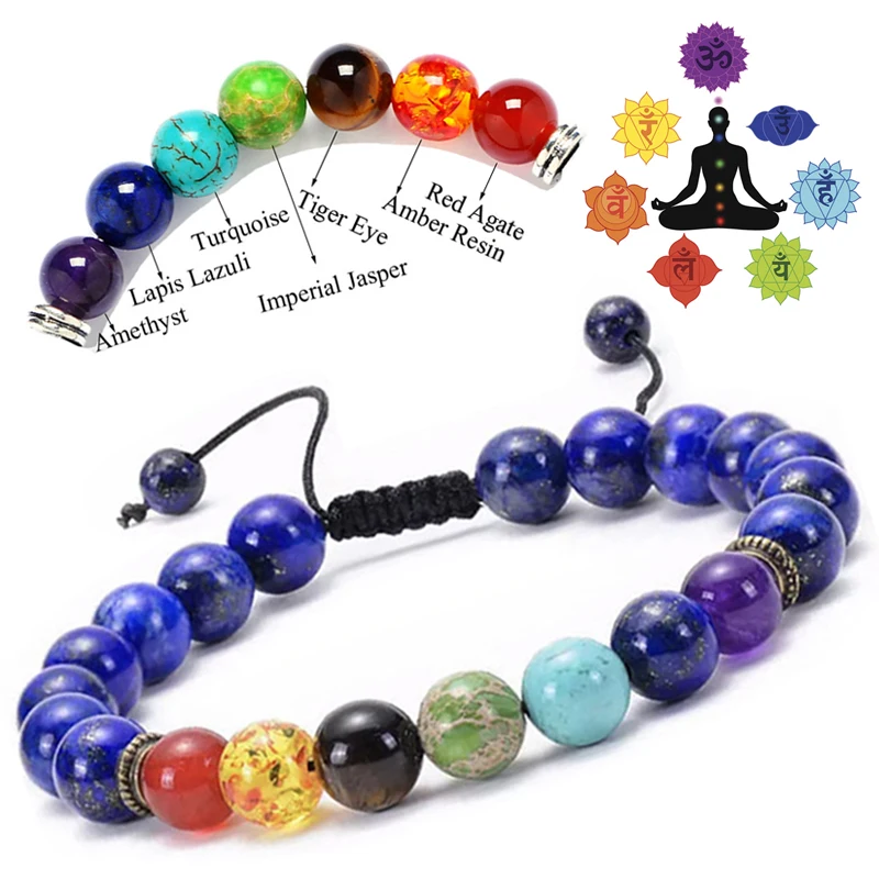 

Purple Crystal Tiger Eyes Stone Beads Bracelet Unisex Seven Pulse Round Yoga Energy Bracelets 7 Chakras Natural Stone Bangle