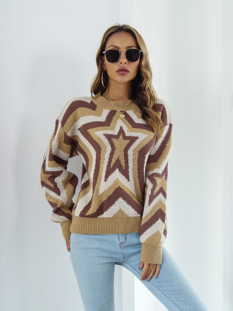

Autumn/winter Women's Sweater Pullover Korean Fashion Gradient Color Stars Long Sleeved Loose Knitwears Y2k Women's Clothing