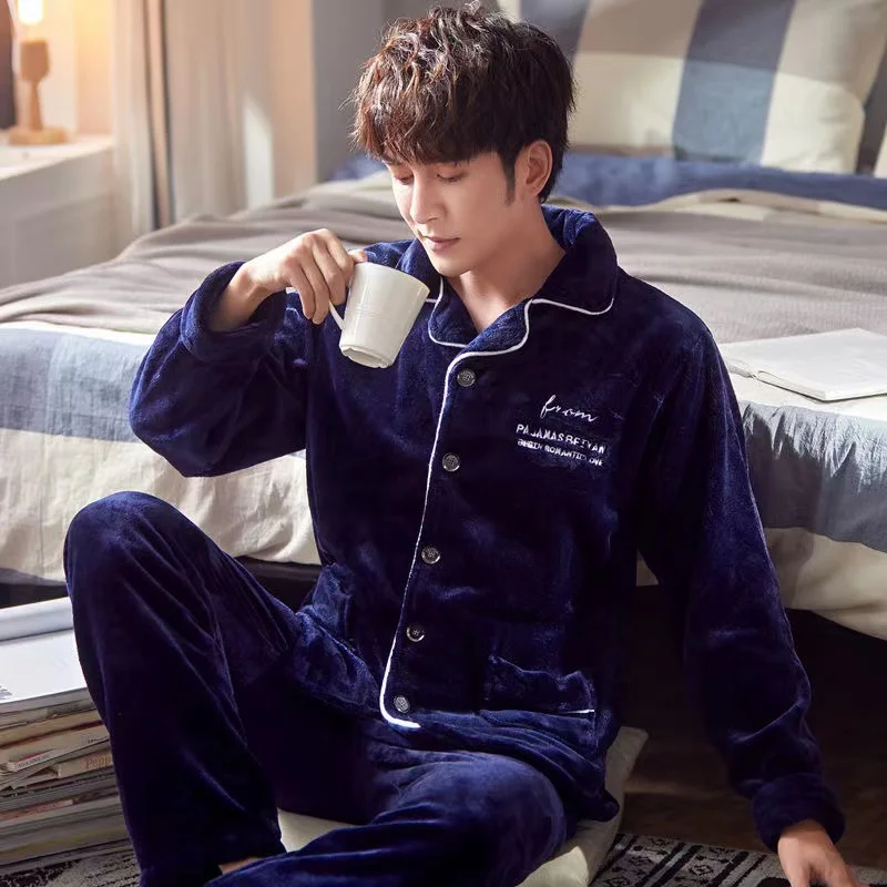 Autumn Winter Man Pajamas Sets Flannel Thick Warm Pijama Male Turn-Down Collar Sleepwear Homewear Casual Pyjama