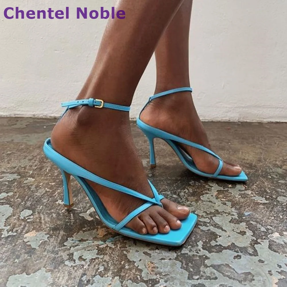 

Blue Square Toe Sandals 9CM Thin High Heels Open Toe Buckle Strap Stilettos Hottest Fashion Sexy Summer Women Shoes Daily Party