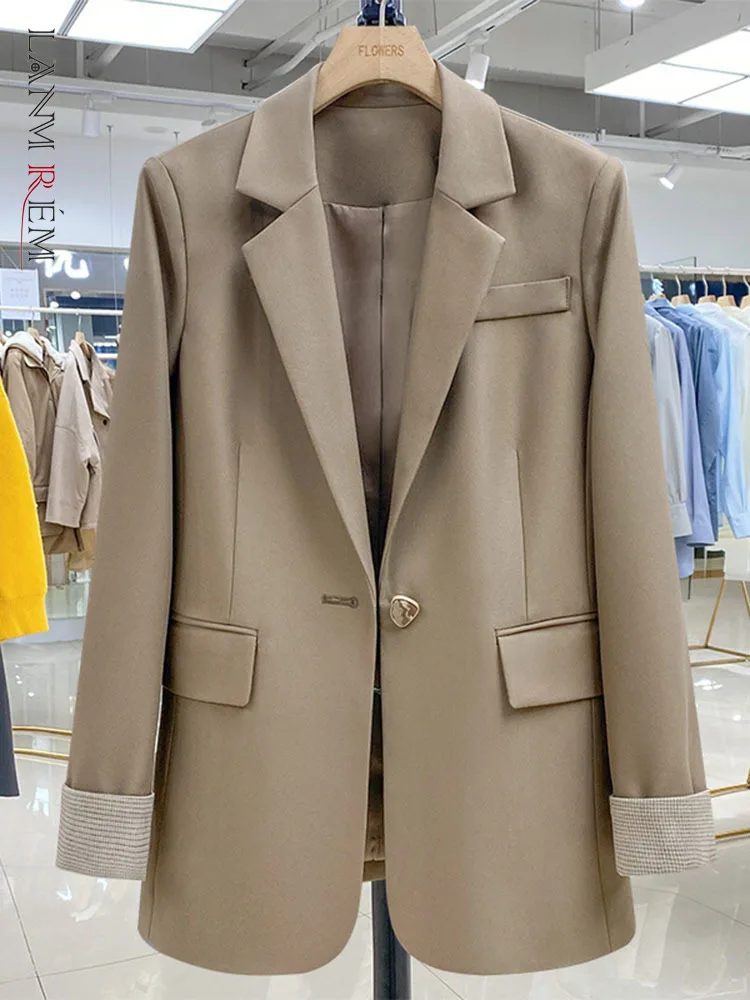 

LANMREM Khaki Blazer For Women Notched Heart Single Button Stitching Sleeves Loose Coat Office Lady High Street Clothing 2R3782
