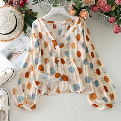 

Shirts Women 2022 Sexy V-neck Pleated Polka Dot Lantern Sleeve Blusas Mujer De Moda Casual Loose Chiffon Long Sleeve Shirt Tops