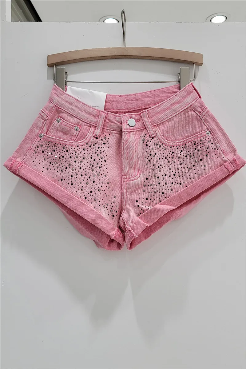 Sweet Pink Rhinestone Denim Shorts for Women Trendy 2023 New Summer High Waist Slimming Flanging Wide Leg Short Jeans Hot Pants