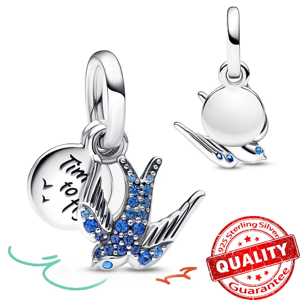 

2023 New 925 Sterling Silver Pavé Blue Zircon Sparkling Swallow & Quote Double Dangle Charm Fit Pandora Bracelet DIY Pendant