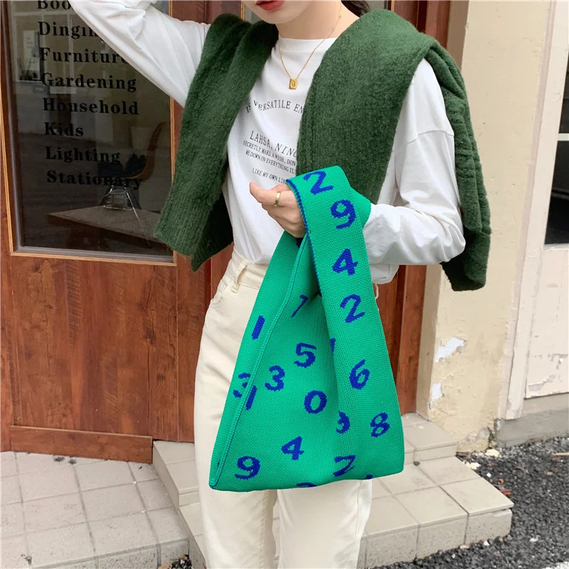 

2022 Knitting Fabric Women Handbag Coloured Numbers Design Eco Small Shopping Bag Decoration Purses Woolen Cloth Tote For Ladies