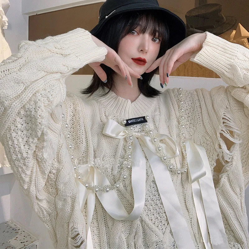 

Высококачественный дизайнерский нишевый свитер, женский осенне-зимний Свободный Повседневный вязаный свитер с бантом