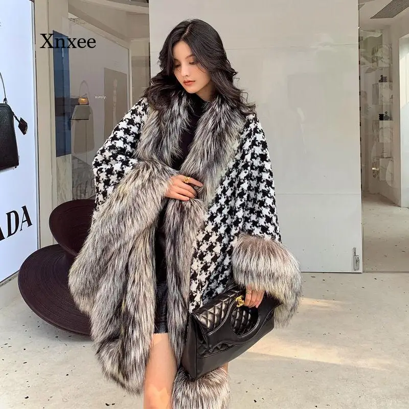 Женское шерстяное пончо теплое модное вязаное пальто с рисунком гусиная лапка и