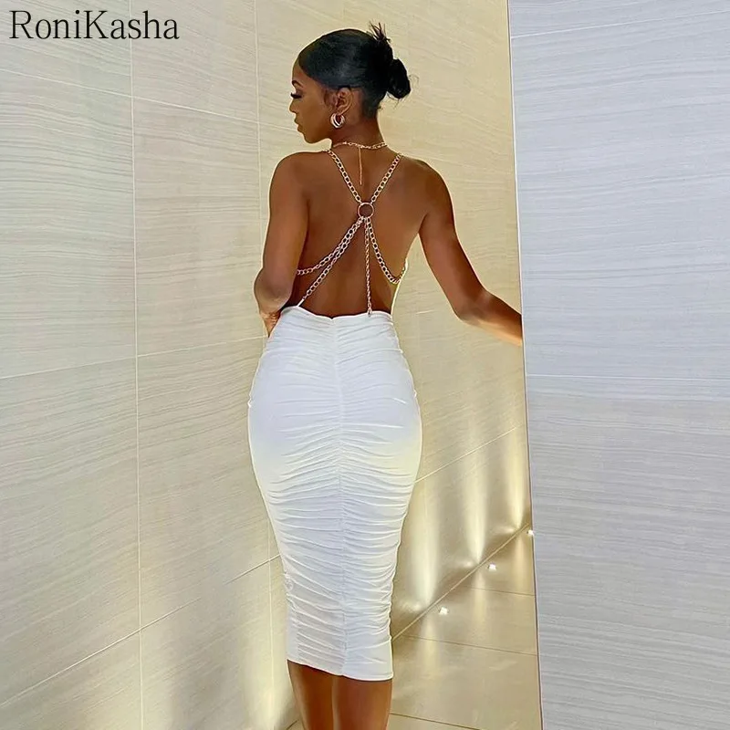 

Ronikasha Dresses for Women Summer Fashion Sexy Sleeveless Backless Chain Design Bandage Nightclub Party Pleated Dress Vestidos