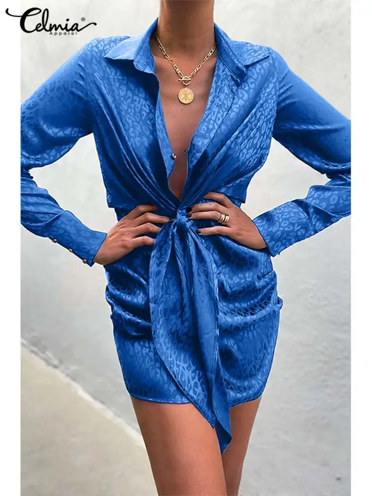 

Celmia Women Jacquard Short Robe Sexy Leopard Print Mini Dress Elegant Lapel Long Sleeve Shirt Dress Fashion OL Bandage Vestidos