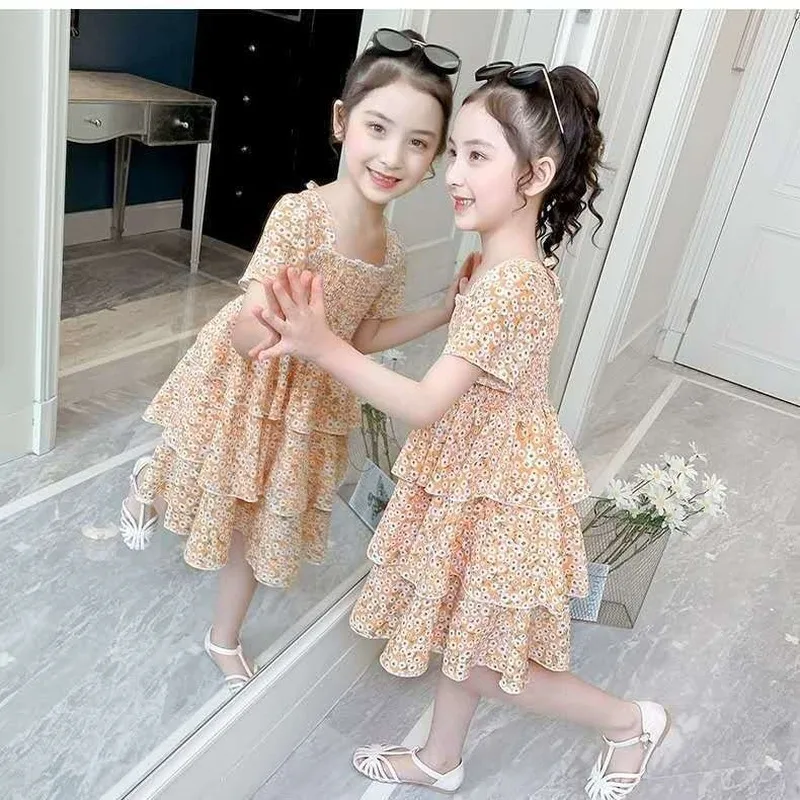 2022 Summer Girls Ball Gown Dress Tight Waist Children's Clothing Short Sleeve Kids 2-12 Years Old Cake Cupcake Chiffon |