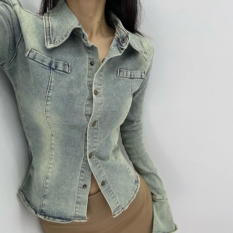 

Shirt TVVOVVIN Women's Denim Vintage Design Slim Long Sleeve Top 2023 Autumn/Winter Sexy Spicy Girl Shirt J70Q