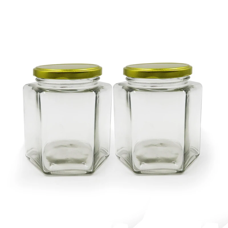 

6 Units 500ml 16oz Hexagonal Glass Honey Jars with Gold Covers Sealed Glass Bottle Wedding Birthday Party Return Gifts