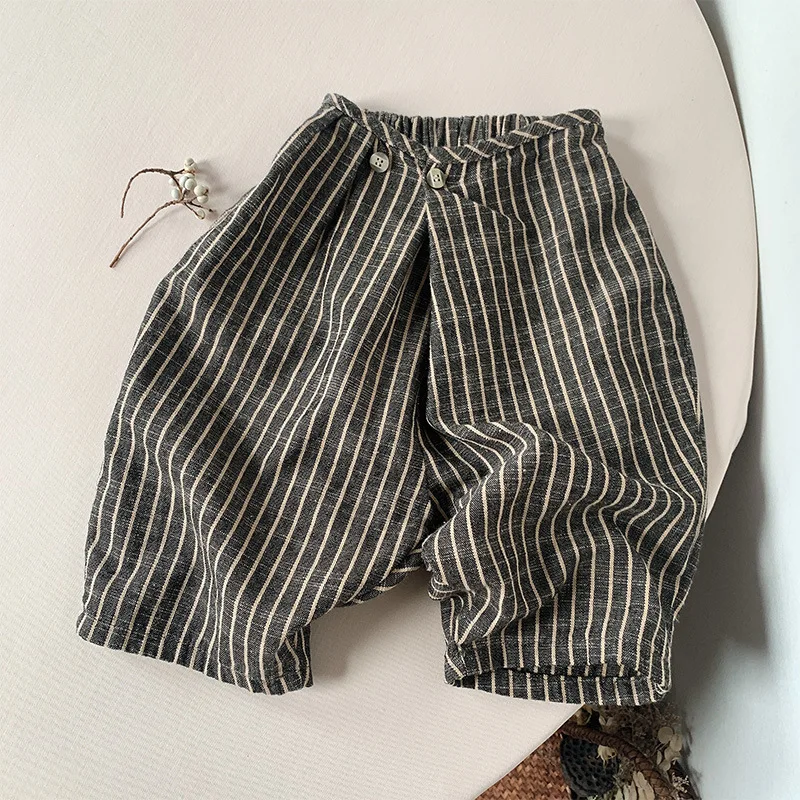 

New Children Retro Striped Pants Cotton and Linen Pant for Boys and Girls Casual Loose Haren Pant Korean Version Spring&Autumn