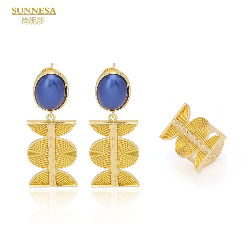 

SUNNESA Blue Zircon Pearl Dubai Drop Earrings Luxury African Earrings Bride Jewelry for Women Fashion Gold Color Charm Ring