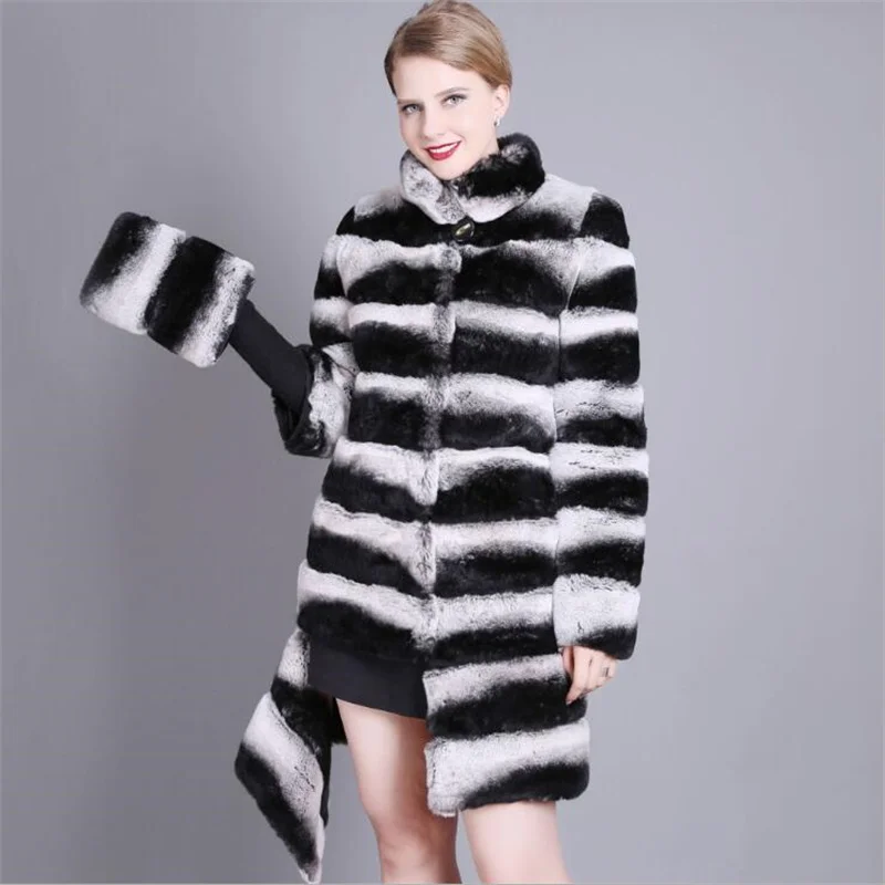 90CM Luxury Whole Skin Natural Chinchilla Fur Coats Stand Collar Striped Women Real Rex Rabbit Fur Long Jacket Winter Thick Coat