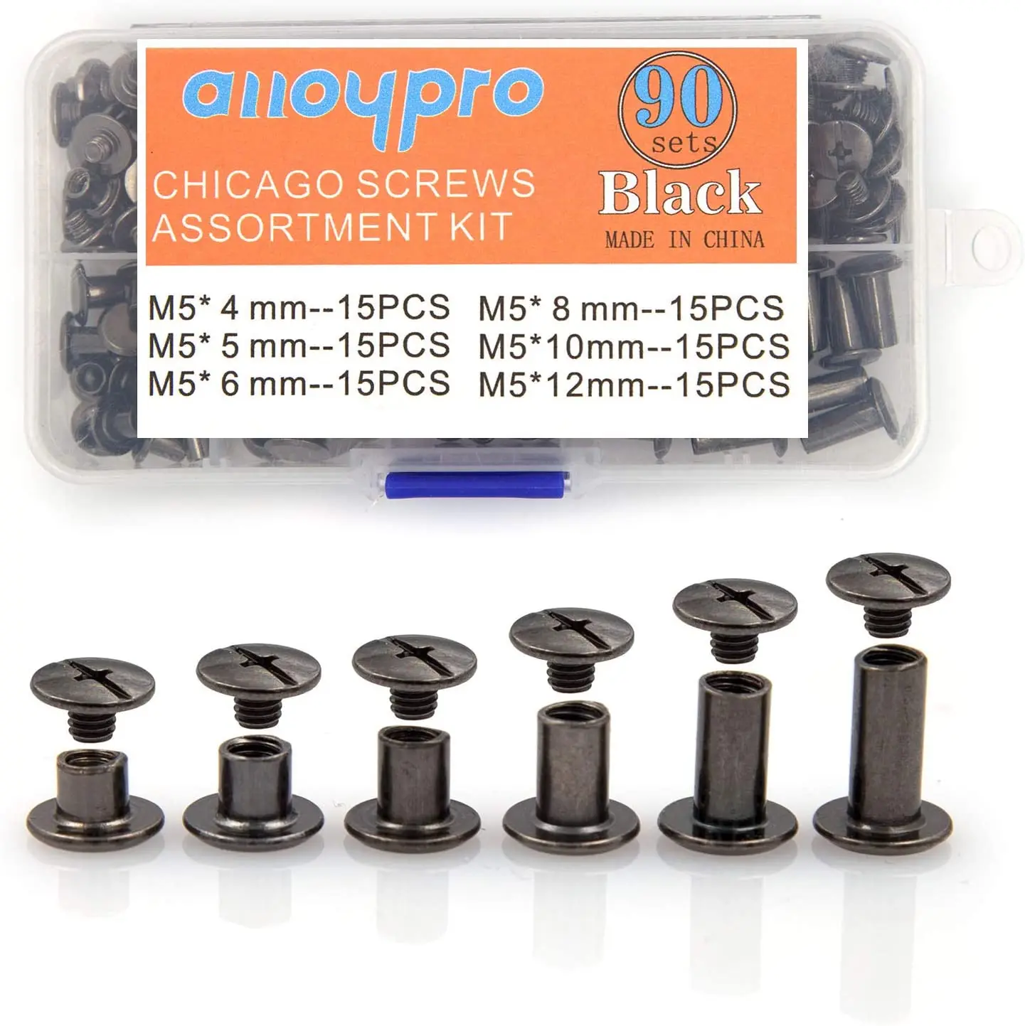 90Sets Chicago Screws Kit, 6 Sizes of Round Flat Head Leather Rivets Metal Screw Studs for DIY Leather Craft and Bookbinding