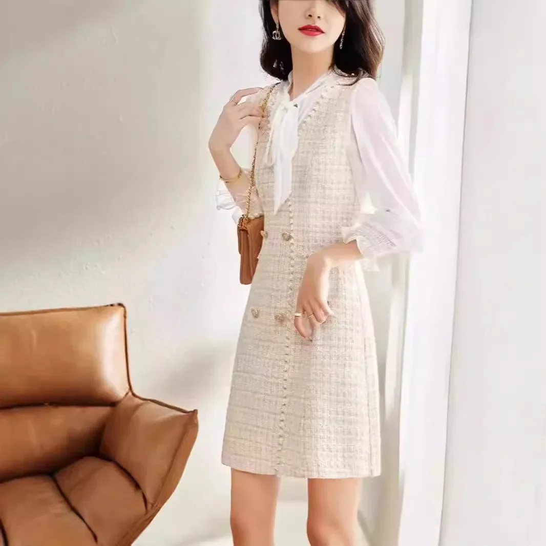 Женское твидовое платье с рукавами-фонариками элегантное модное универсальное