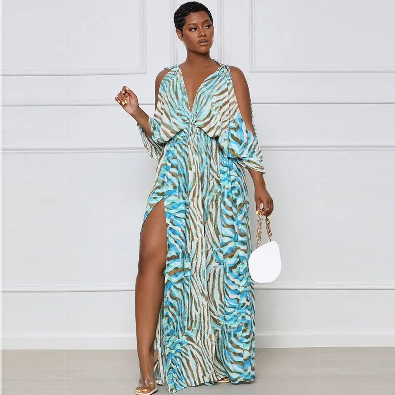 

WUHE Cut Out Batwing Sleeve Sexy Deep V Neck High Slit Party Dress Women Summer Elegant Print Loose Casual Beach Maxi Dress