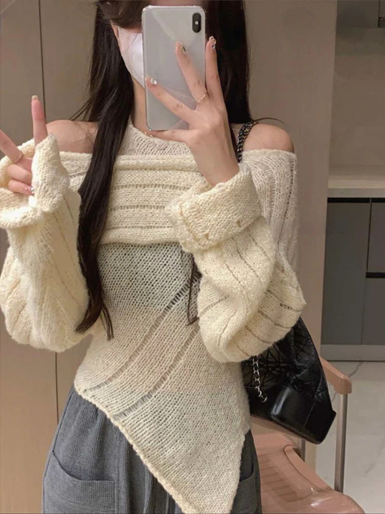 Knitted Sweater Women Pure Color Elegant Blouse +Y2k Crop Tops Korean Clothing 2022 Autumn Long Sleeve Pullover 2 Piece Set Chic