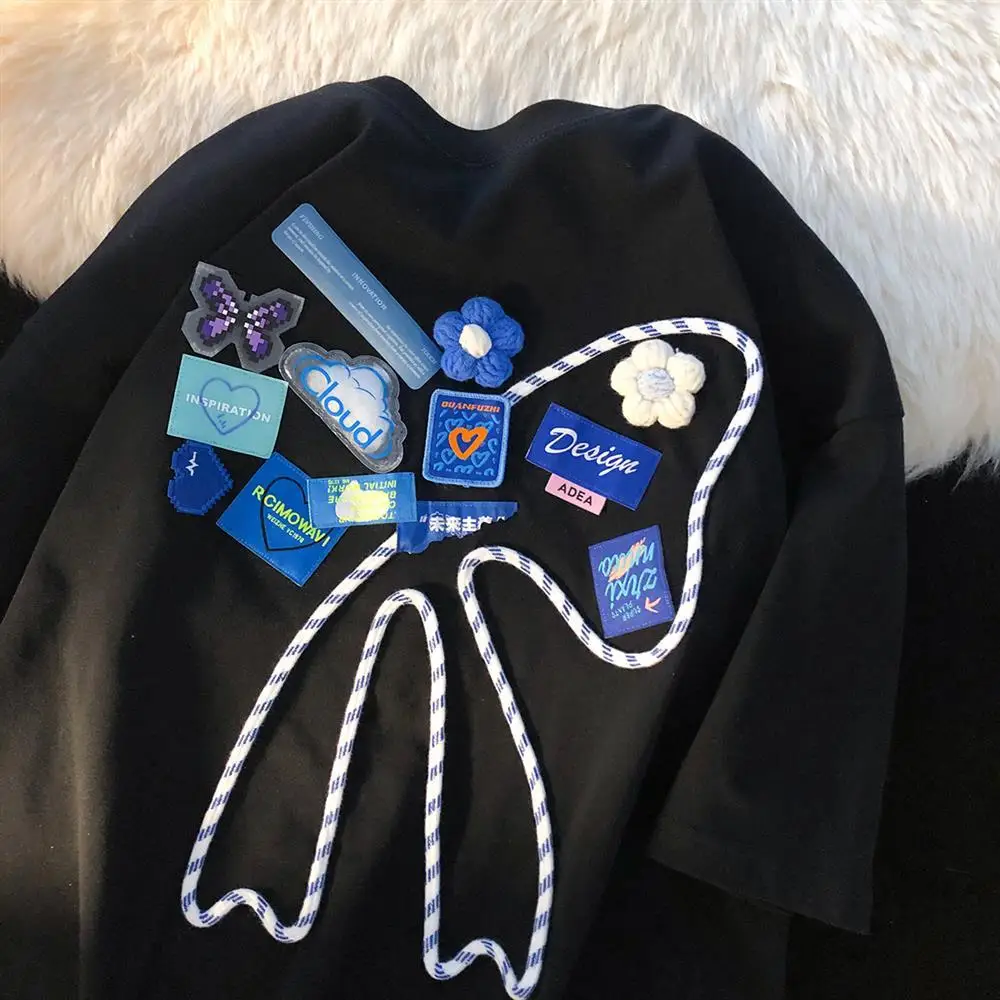 

Необычные футболки с аппликацией и бантом-бабочкой, Милая женская кавайная одежда, лето 2022, большой размер 2XL, корейский бренд для офисных да...