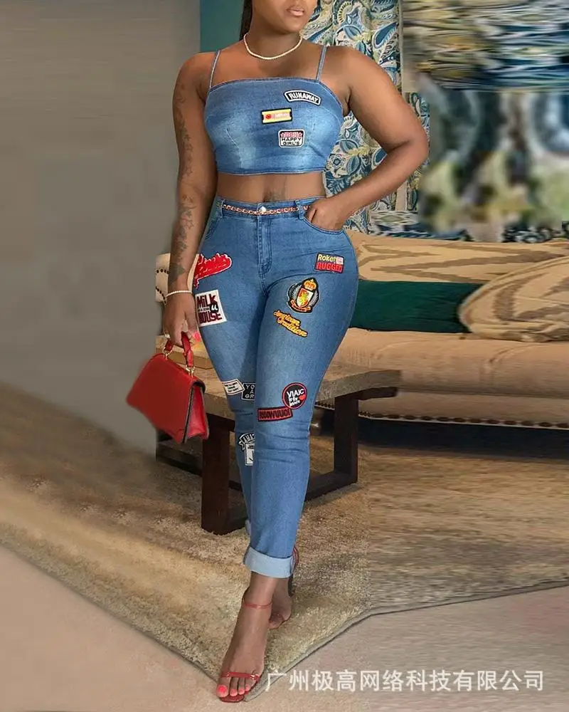 

Women Spring Summer 2pcs Clothes Set Sleeveless Denim Camis Tanks Top & High Waist Jeans Pants Denim Fashion Sexy Cartoon