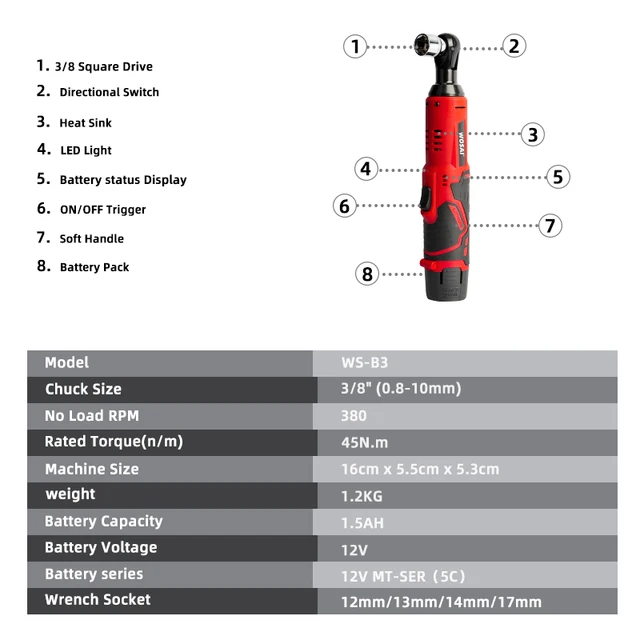 WOSAI 45NM Cordless Electric Wrench 12V 3/8 Ratchet Wrench set Angle Drill Screwdriver to Removal Screw Nut Car Repair Tool 3