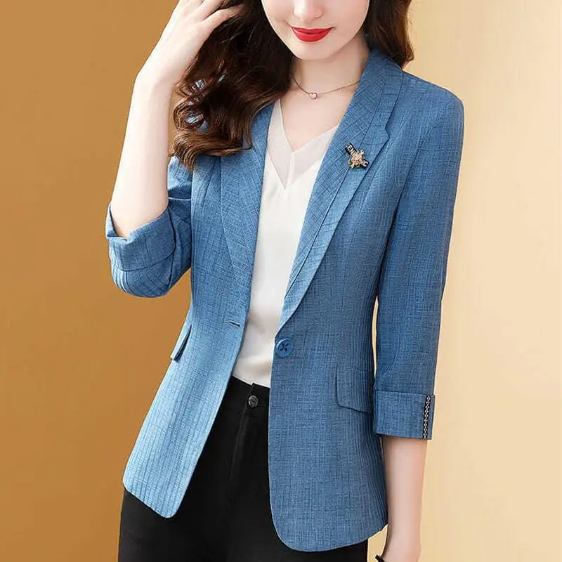 

New Women's Suit Jacket 2023 Spring Blazer Female Fashion Slim Short Casual Ladies Coat Blue Outerwear