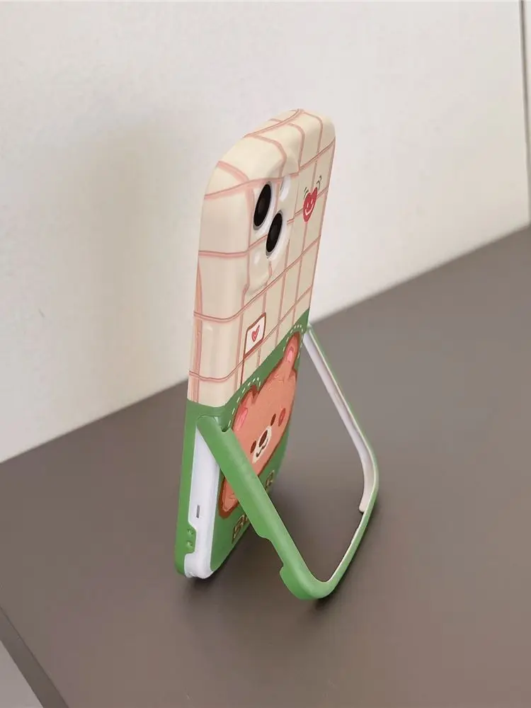 

13 Pro Case 2 in1 Kickstand Holder Cute Cartoon Bear Stand Matte Cover for iPhone 11 12 13 Pro Max XR X XS Liquid Silicone Cases