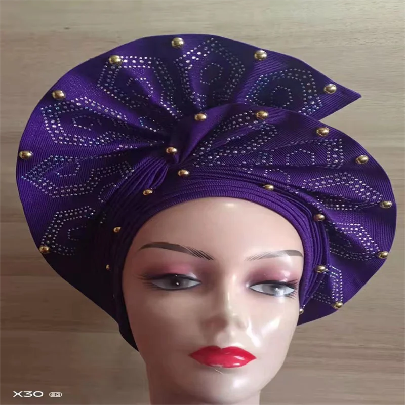 

African Nigeria Gele Elegant Helmet With Stones With shawl Headband Turban Head Scarf Head-Hat Auto Gele Brand New Hats LIN