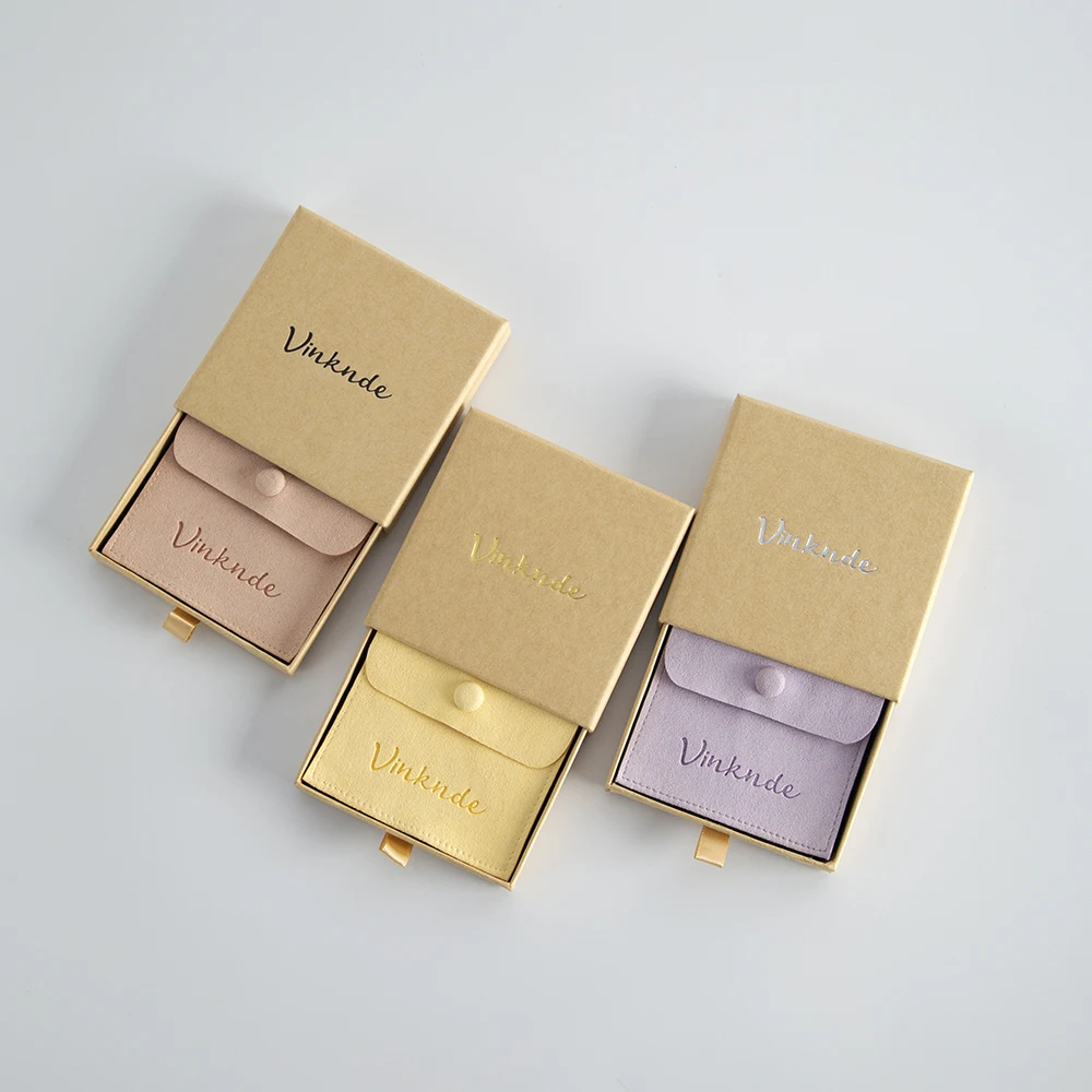 9x9x1.7cm Cardboard Boxes Custom Logo Product Package Boxes Case Pouches Bag Drawer Jewelry Packaging Gift Box Suede Button Bags