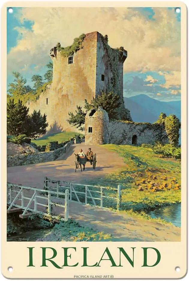 fc slnd rt relnd - Ross Cstle Kllrney Плакат Vntge Trvel от Wllm Medclf c.1959-8 x 12 nch Metl Tn Sgn