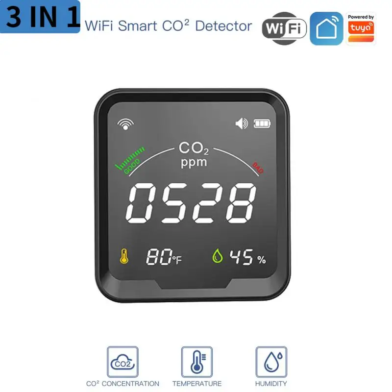 

Tuya WiFi Smart Carbon Dioxide Sensor 3 In 1 Temperature Humidity Sensor PPM Level Screen Display Concentration Alarm Device