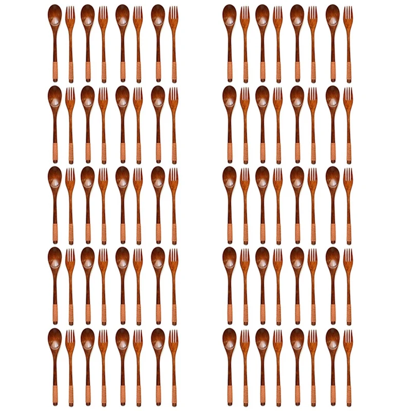 

Promotion! 80 Pcs Wooden 9 Inchjapanese Spoon Fork Set Kitchen Tableware Natural Wood Cutlery Wooden Dinner Cutlery Set