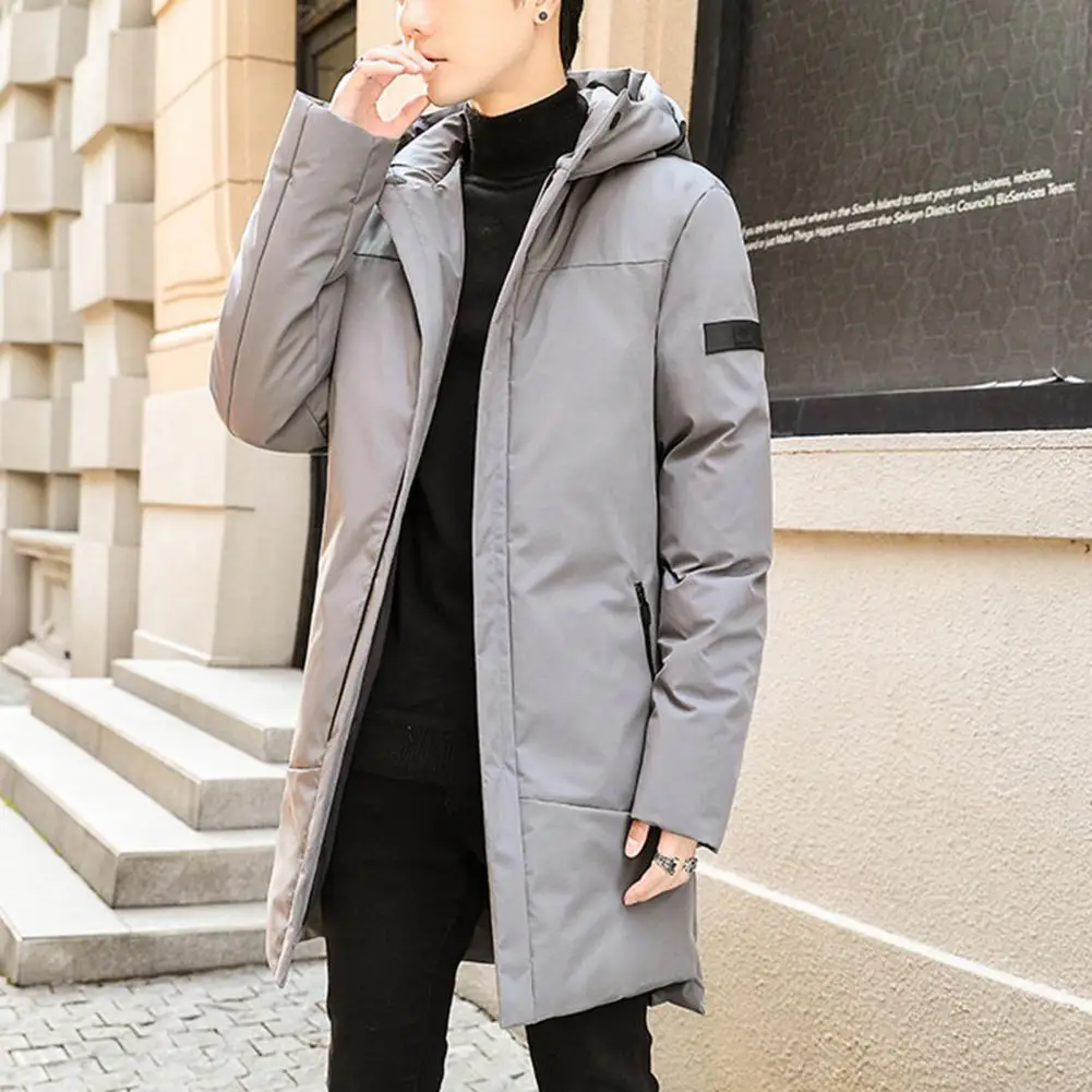 Men Winter Coat Thicken Mid Length Solid Color Padded Hooded Keep Warm Zipper Pockets Plus Size Winter Cotton Coat for Outdoor