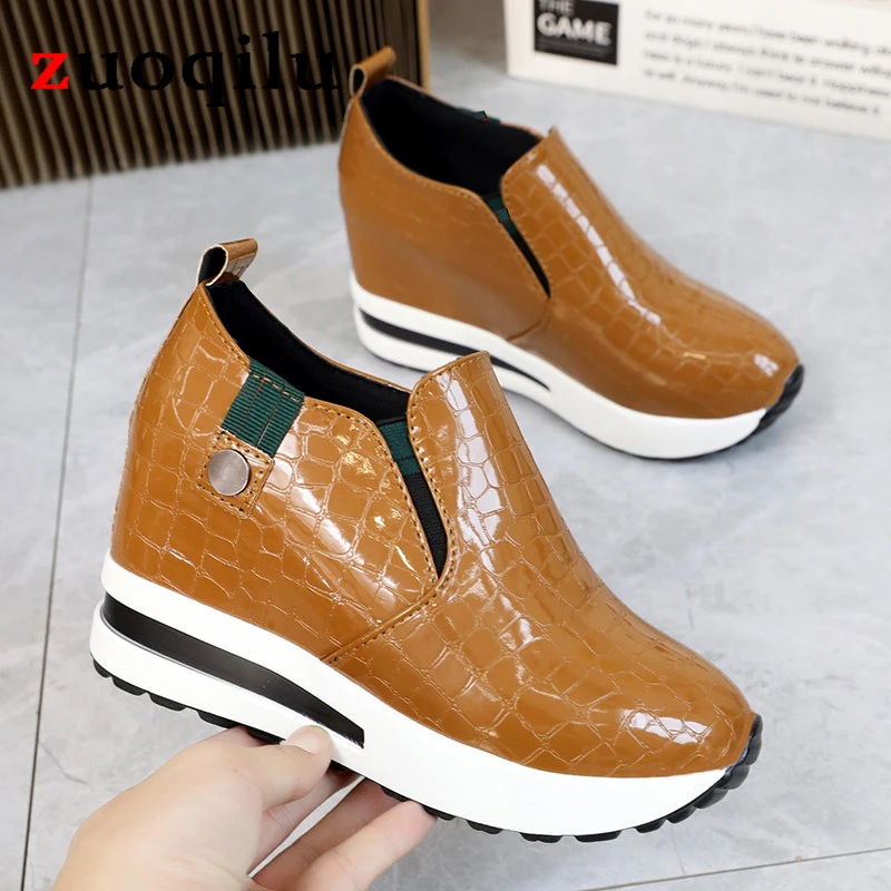 Wegde heel shoes for women height increasing sneakers slip on loafers women PU Leather casual shoes women Platform sneakers