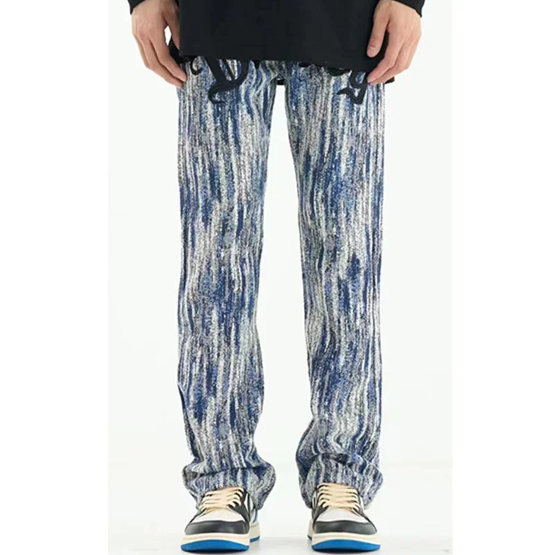 Streetwear Men Embroidered Letter Recreational Jeans Sense of Design Vintage Blue Straight Pants Autumn and Winter Female 2022