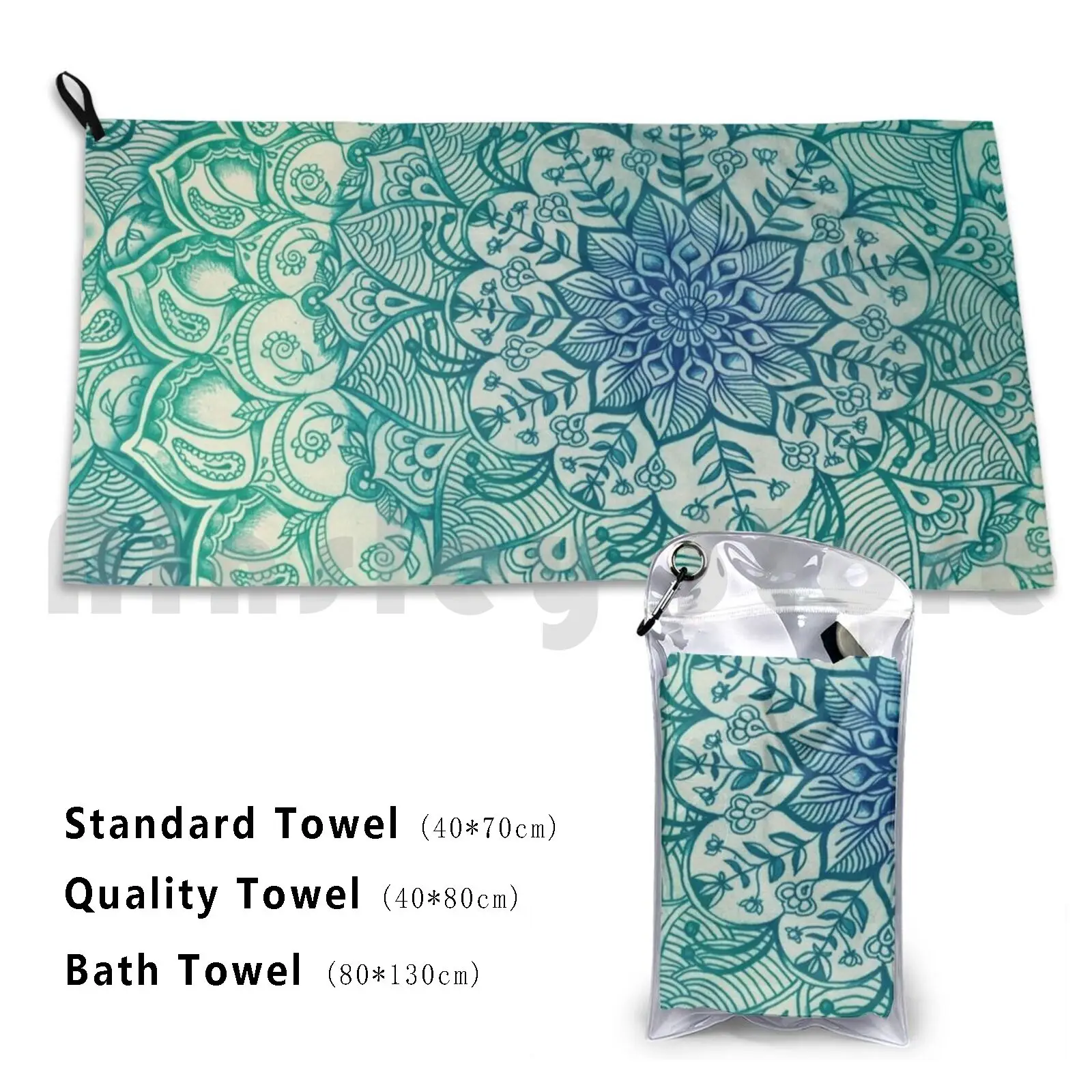 Bath Towel Emerald Blue Cobalt Green Detailed Zentangle Doodle Hand Drawn Floral