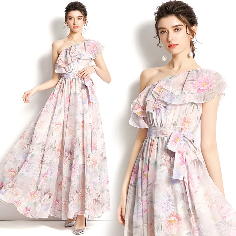 

New Summer Floral Inclined shoulder Maxi Dress Women Floral Print Long Chiffon Tie up Dress Ruffles Wrap Casual Party Dress Robe