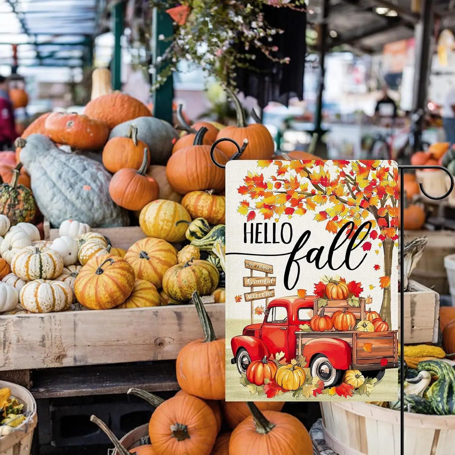Декоративный садовый флаг Dyrenson Hello Fall с красным грузовиком, осенний, к Дню благодарения, для сезона урожая, с тыквой и кленовым деревом, для двора и улицы (art.: 3920db63597a1) - 3920db63597a1