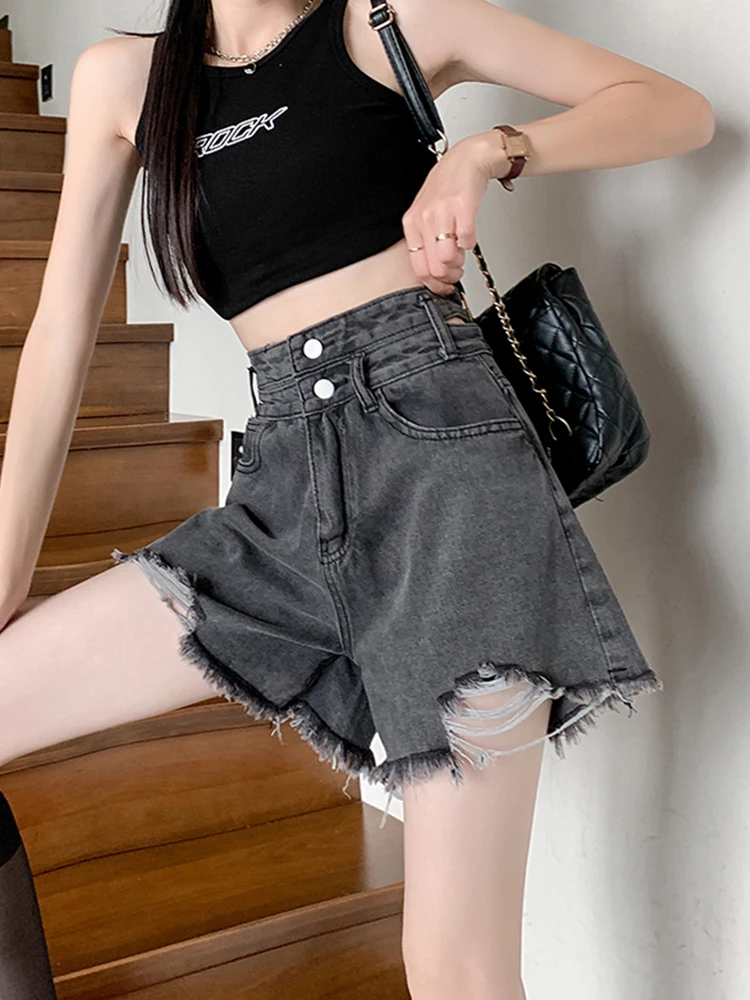 Spring Summer Women Vintage Frayed Hole Denim Shorts Streetwear Female High Waist Button Wide Leg Jeans Skirts Bottoms
