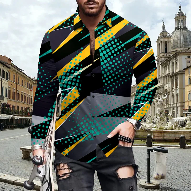 New Men Polka Dot Print Shirts Casual 2021 Summer Autumn Loose Long Sleeve Button Shirt Tops Mens Clothing Fashion Streetwear